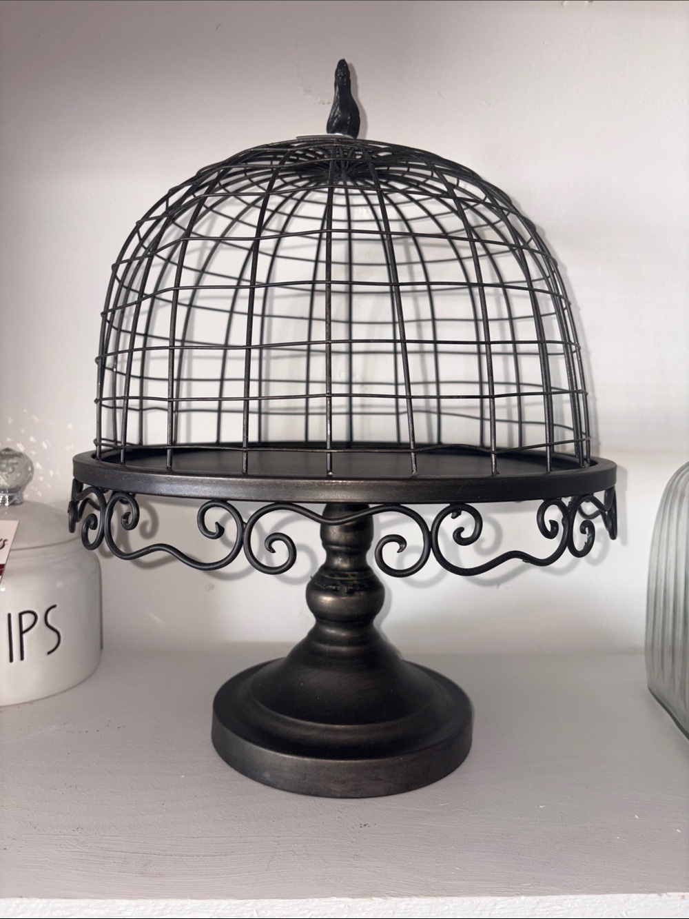 Black Metal Cake Stand with Decorative Wire Dome